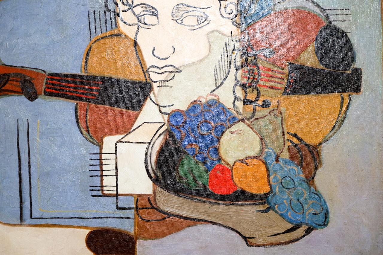 Composition  Un homme avec une guitare et un plateau de nourriture - Painting de Henri Clement-Serveau