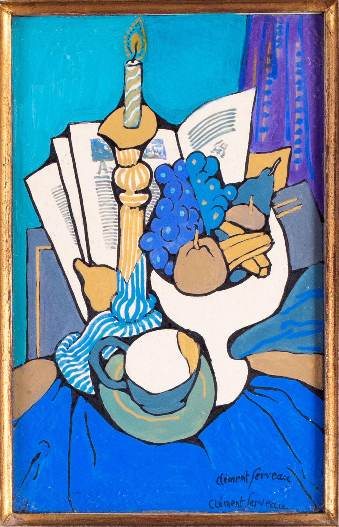 French Cubist blue still life with candle, books and fruit by Clement Serveau - Painting by Henri Clement-Serveau