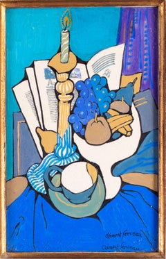 French Cubist blue still life with candle, books and fruit by Clement Serveau
