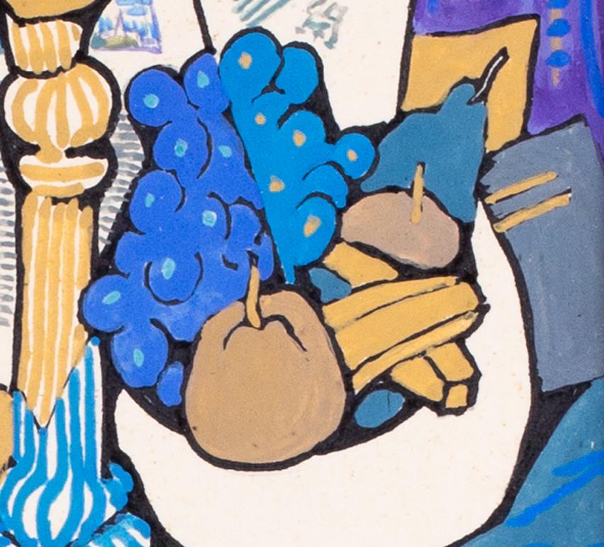 French Cubist blue still life with candle, books and fruit by Clement Serveau - Beige Still-Life Painting by Henri Clement-Serveau