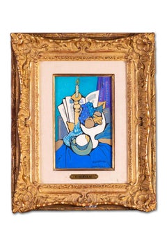 French Cubist blue still life with candle, books and fruit by Clement Serveau