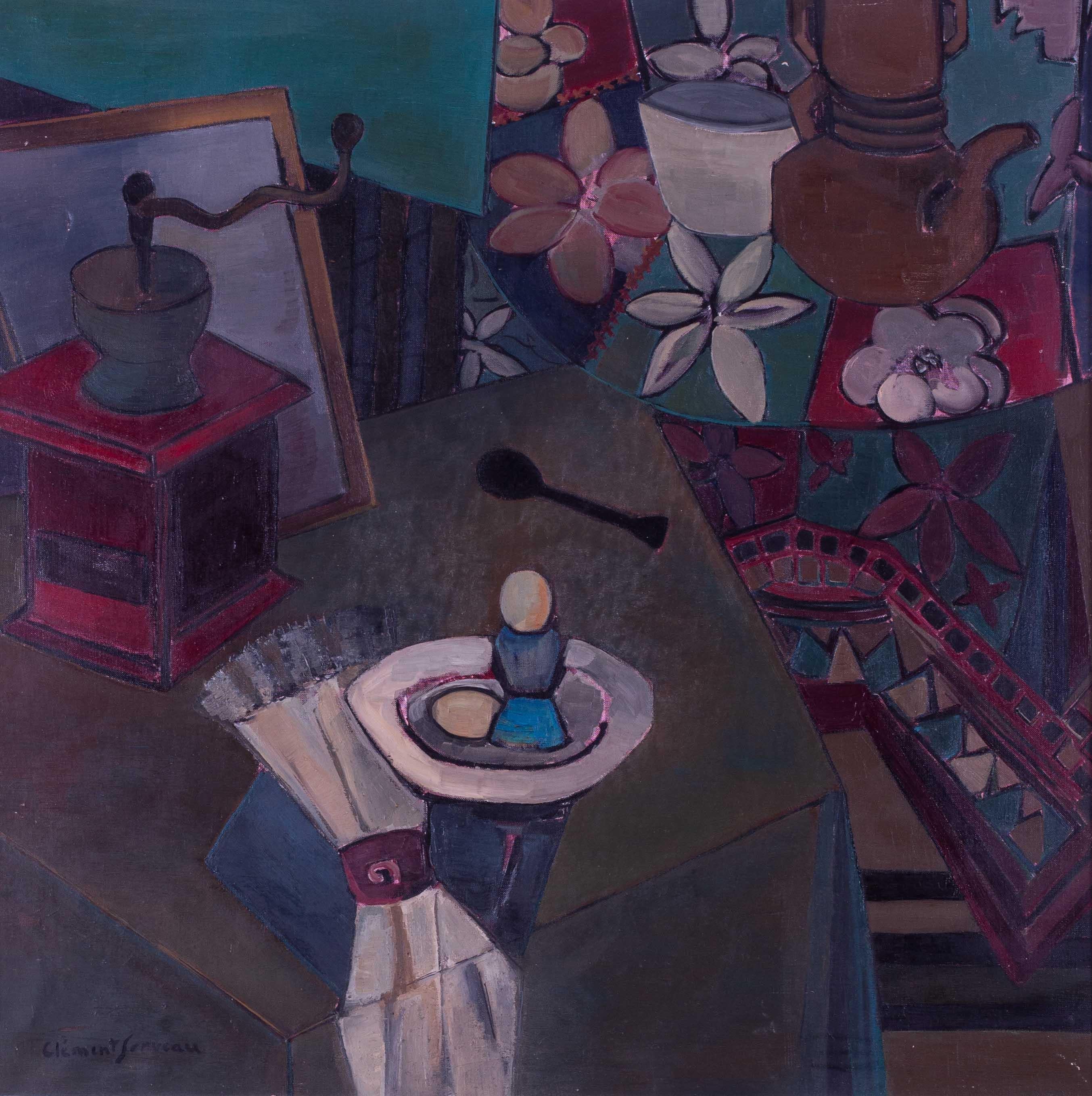 Grande peinture à l'huile post-impressionniste d'Henri Clement-Serveau représentant un petit-déjeuner 4