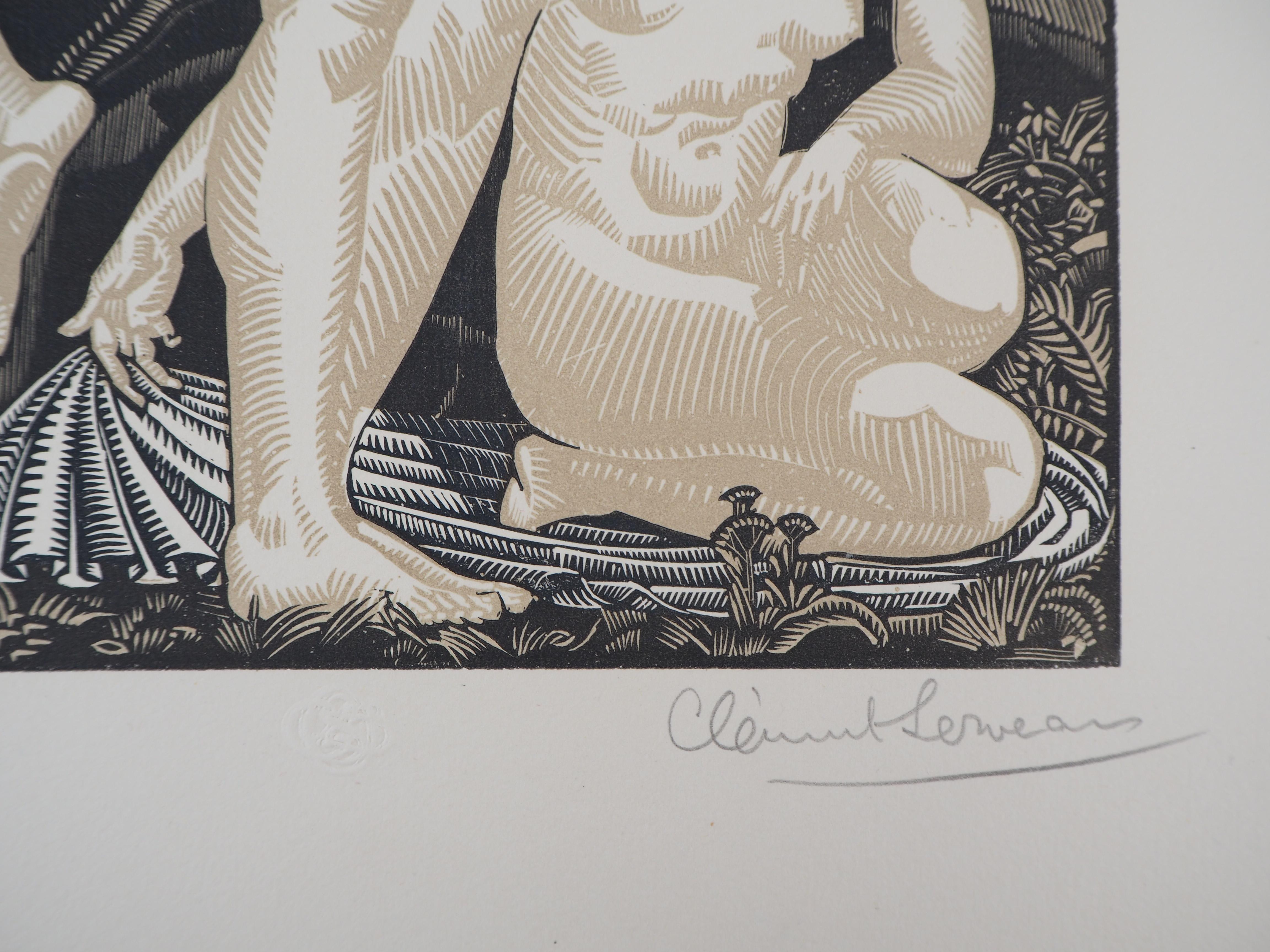 Art Deco : Women with Doves - Original wooodcut, Handsigned - Print by Henri Clement-Serveau