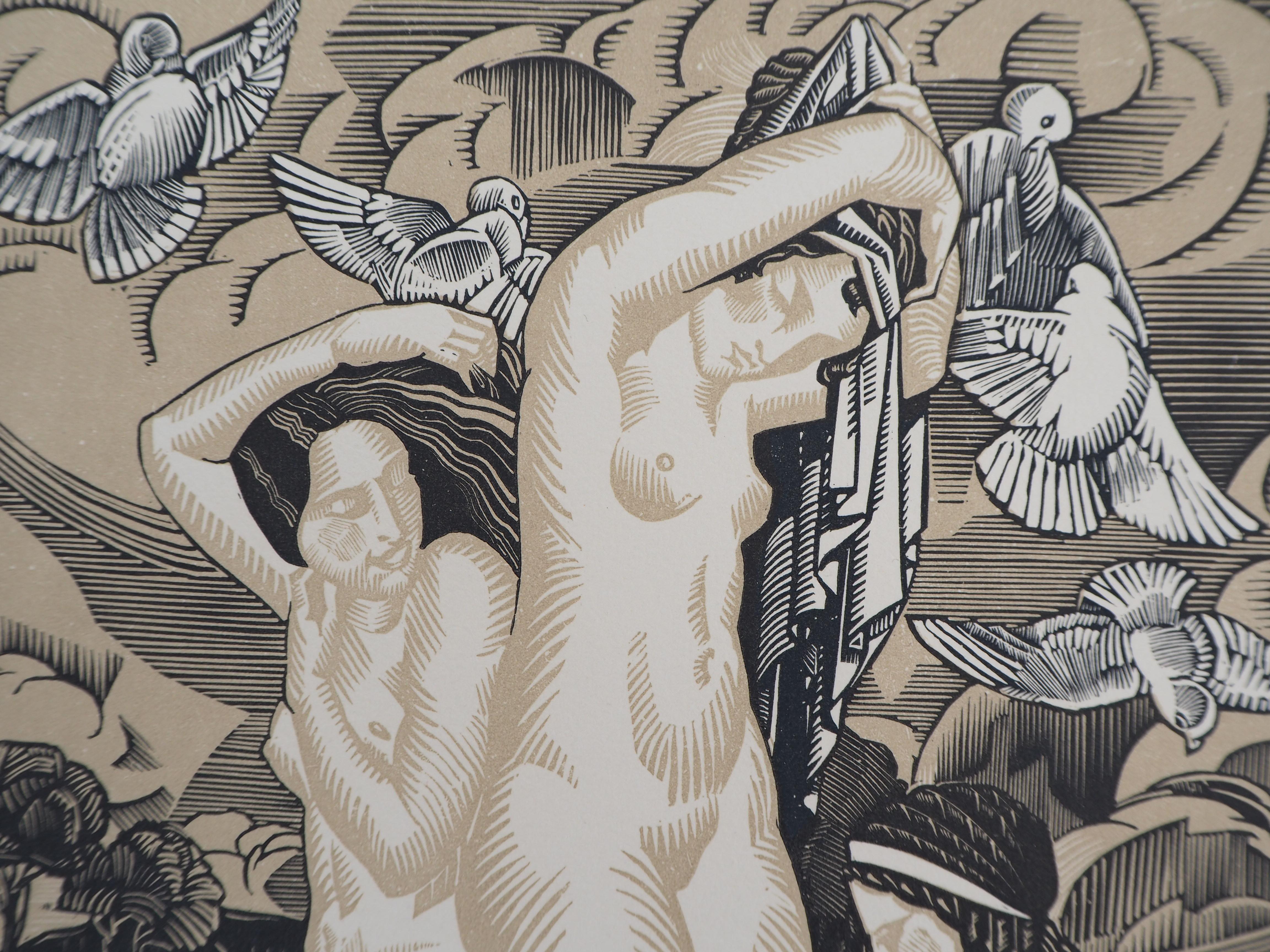 Henri Clement-Serveau
Art Deco : Women with Doves, 1925

Original woodcut
Handsigned in pencil
Numbered /160
On vellum 32.5 x 25.5 cm (c. 13 x 10 in)
Bears the blind stamp of the editor 'Imagier de la Gravure sur Bois' (Lugt 1140a)

Excellent