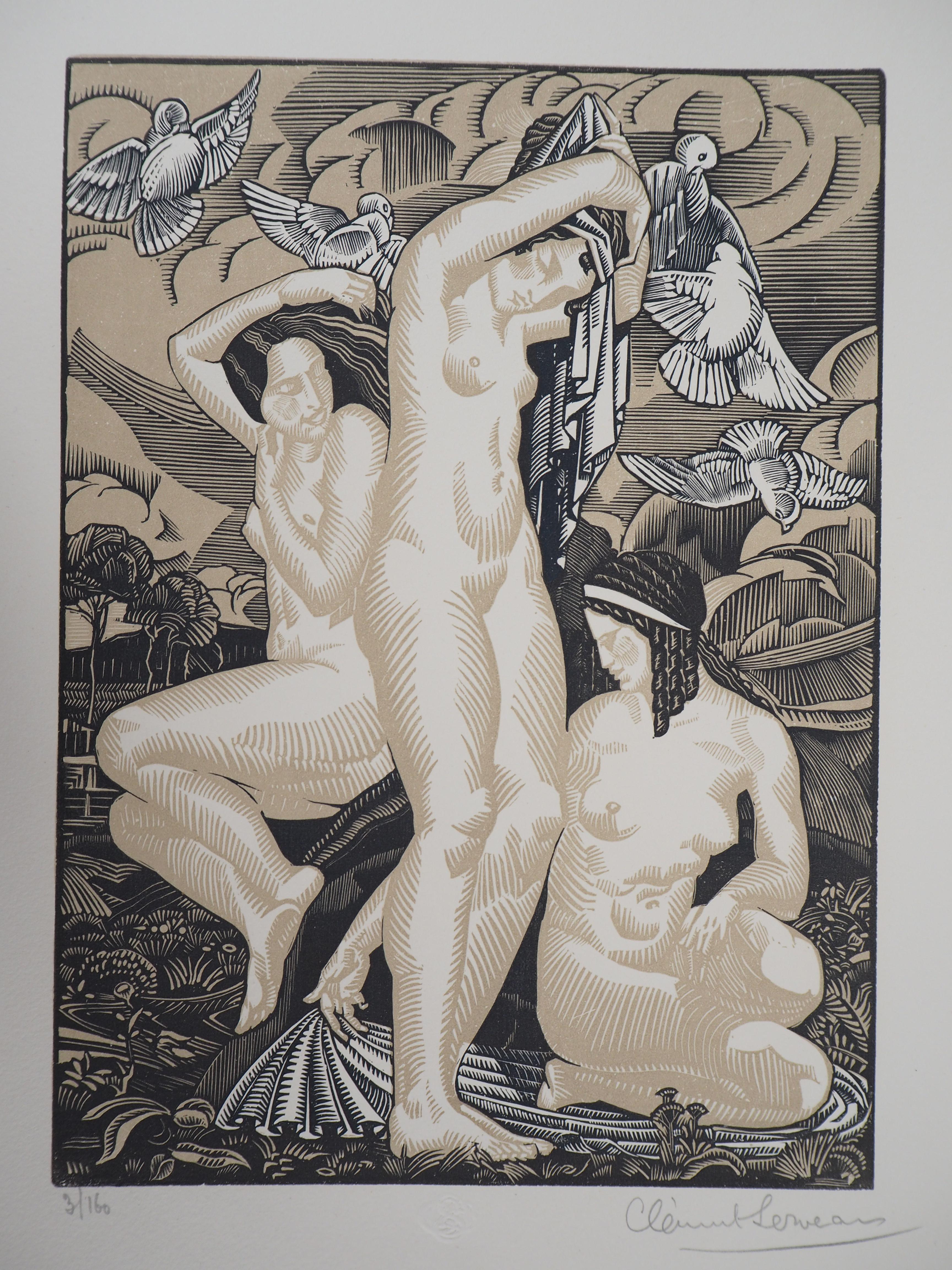 Henri Clement-Serveau Nude Print - Art Deco : Women with Doves - Original wooodcut, Handsigned