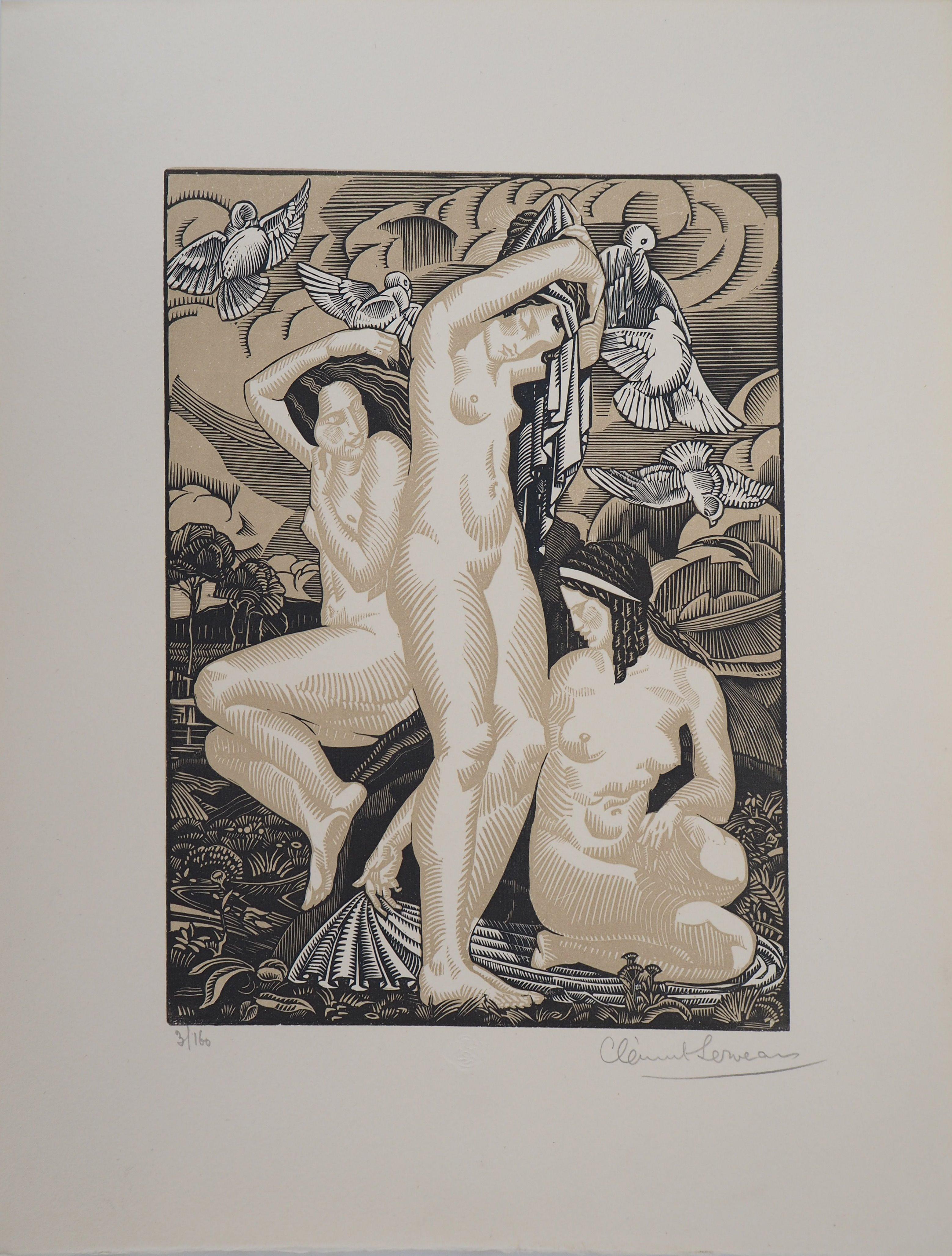 Art Deco: Donne con colombe - Incisione originale su legno, firmata e numerata a mano - Print Moderno di Henri Clement-Serveau