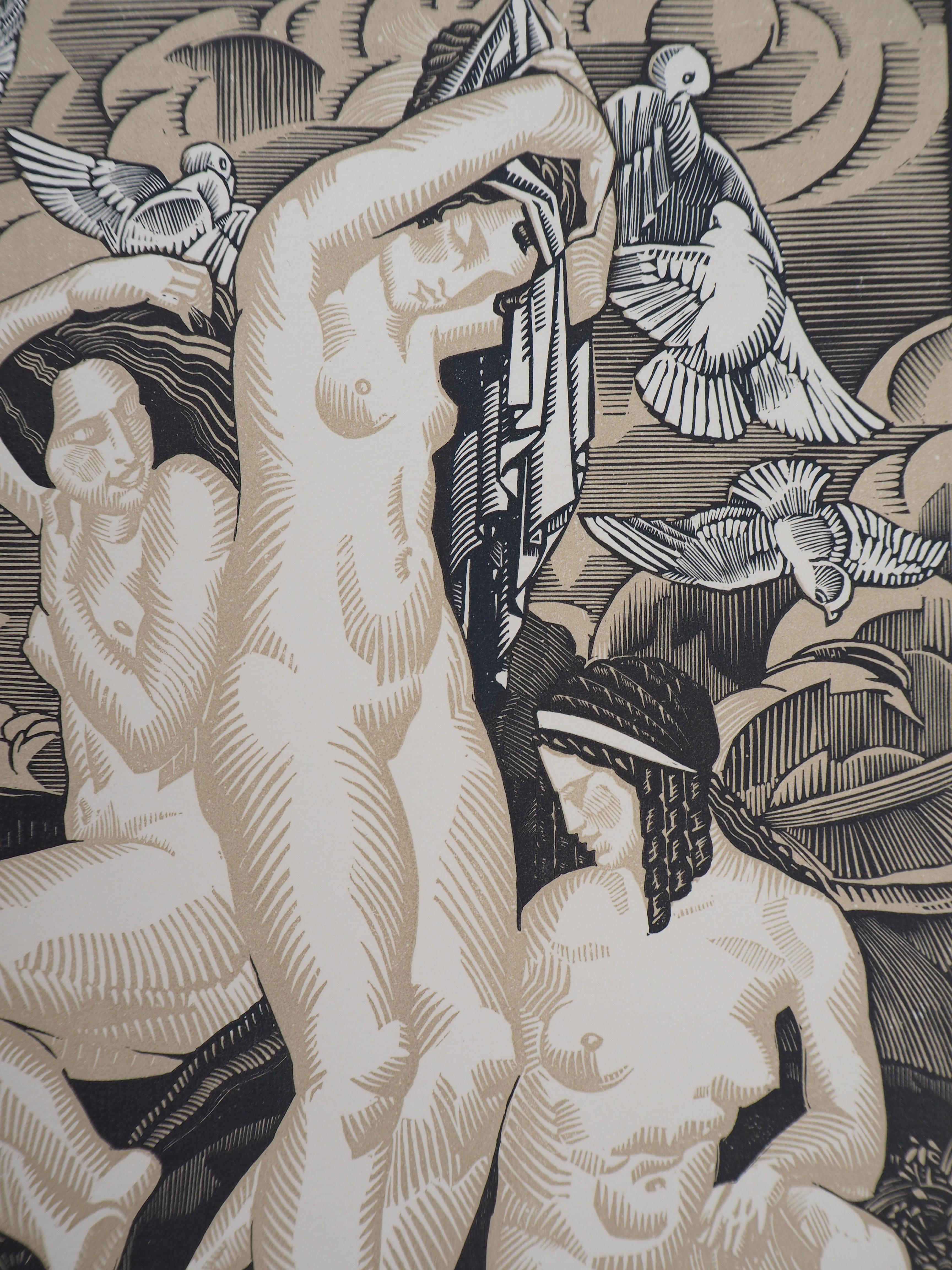 Art Deco: Donne con colombe - Incisione originale su legno, firmata e numerata a mano - Nude Print Grigio di Henri Clement-Serveau
