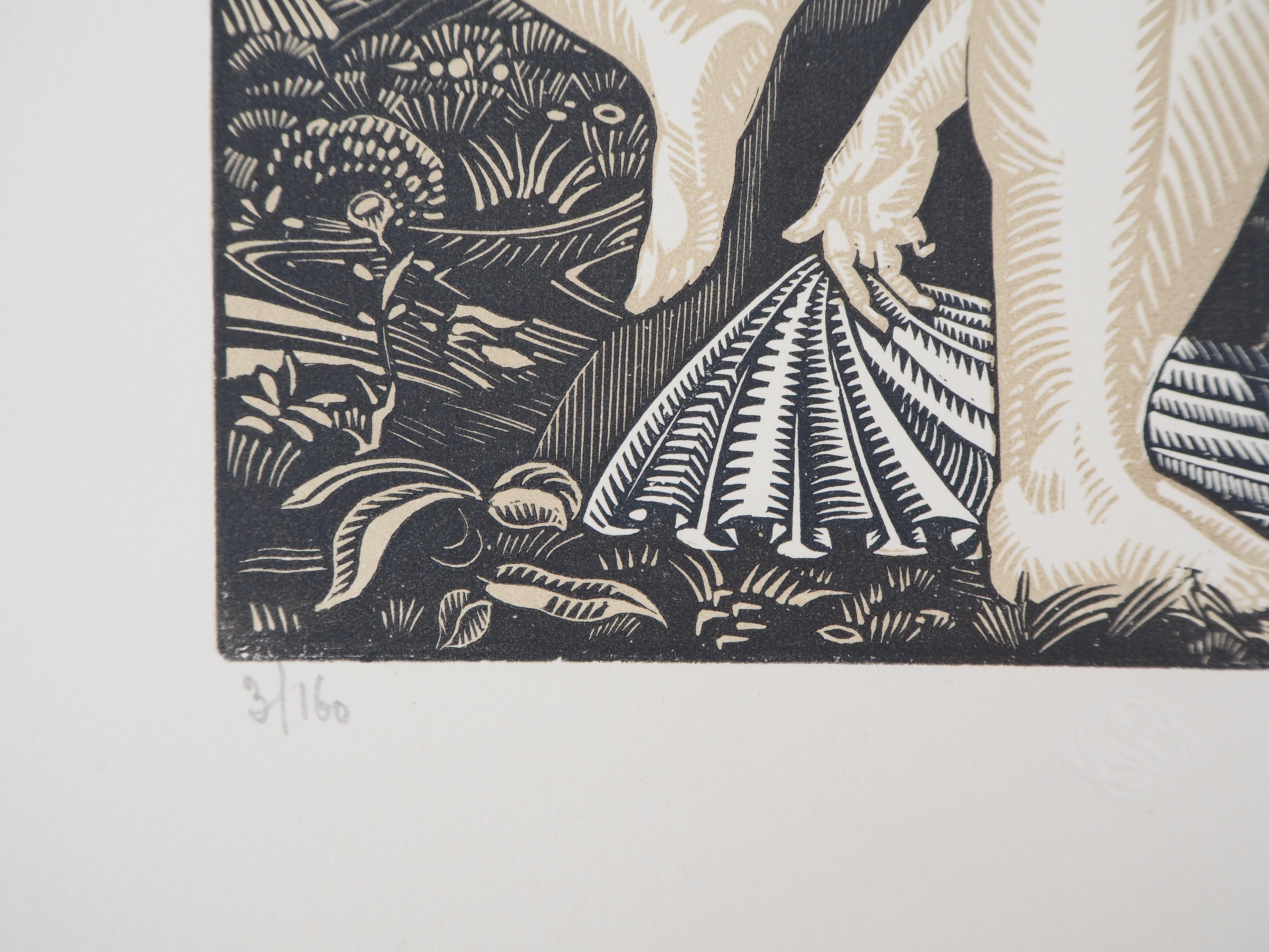 Art Deco: Donne con colombe - Incisione originale su legno, firmata e numerata a mano in vendita 1