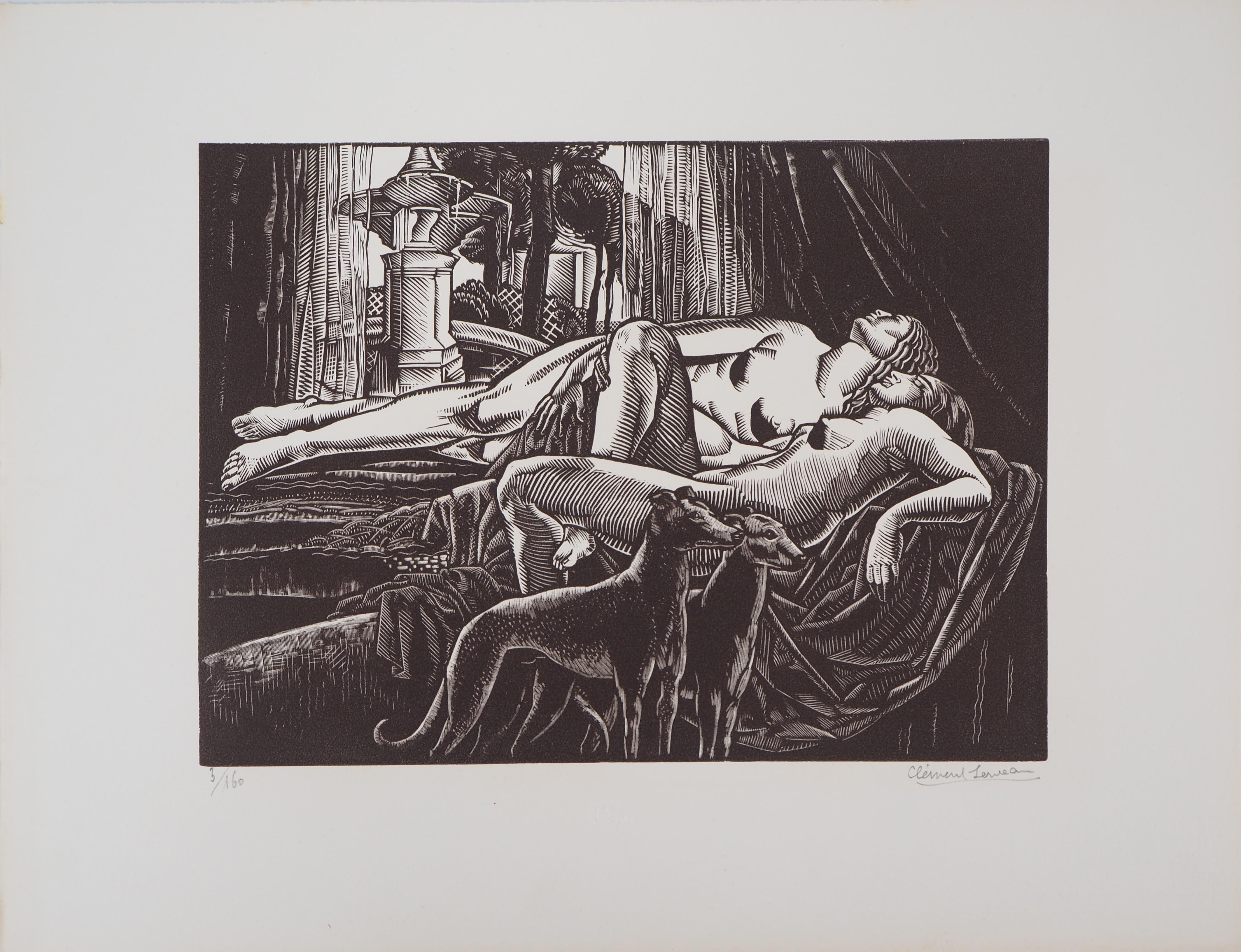 Rest, Two Nudes with Greyhounds - Gravure sur bois originale, signée et numérotée - Print de Henri Clement-Serveau