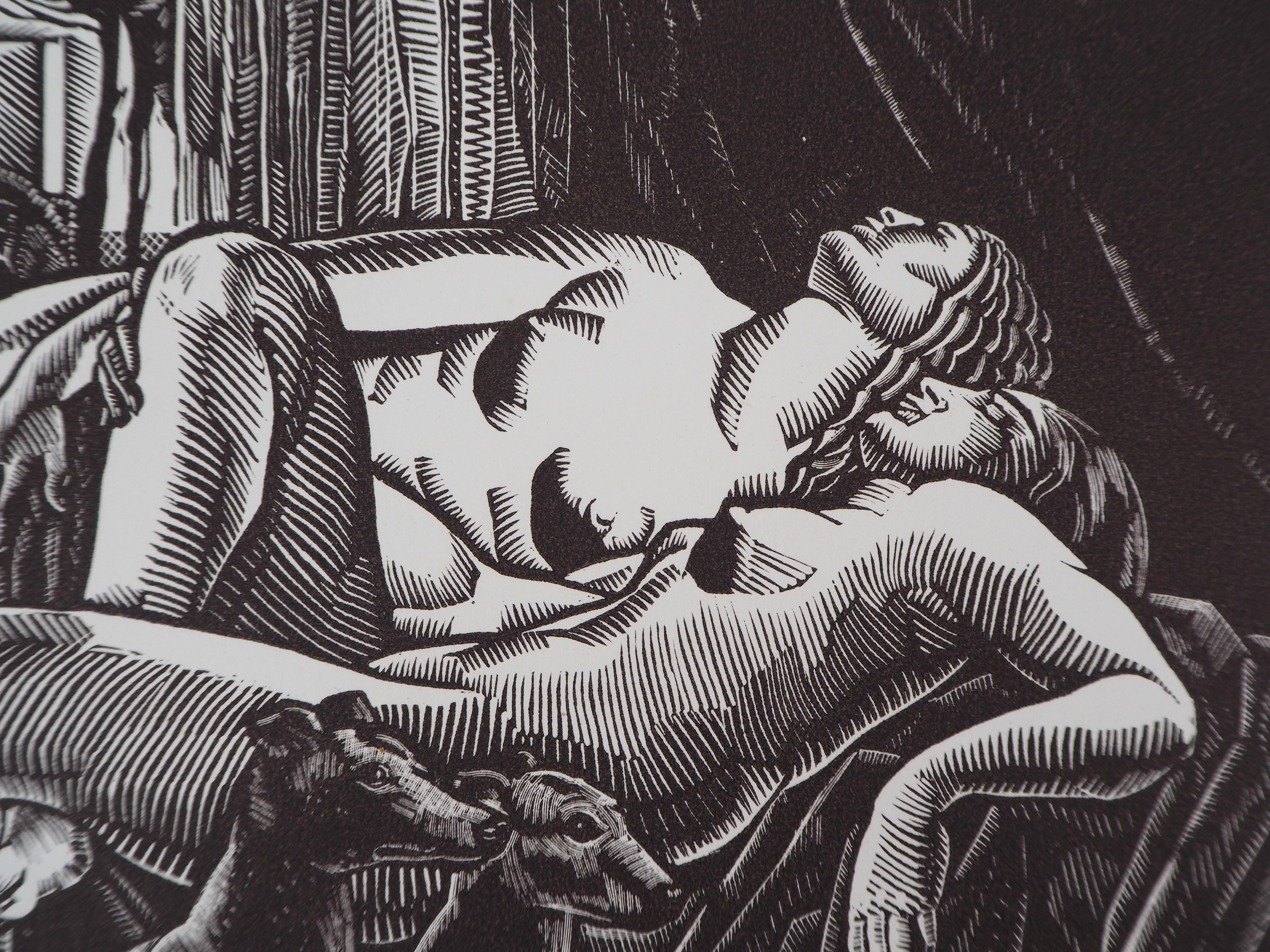 Rest, Two Nudes with Greyhounds - Gravure sur bois originale, signée et numérotée - Noir Nude Print par Henri Clement-Serveau