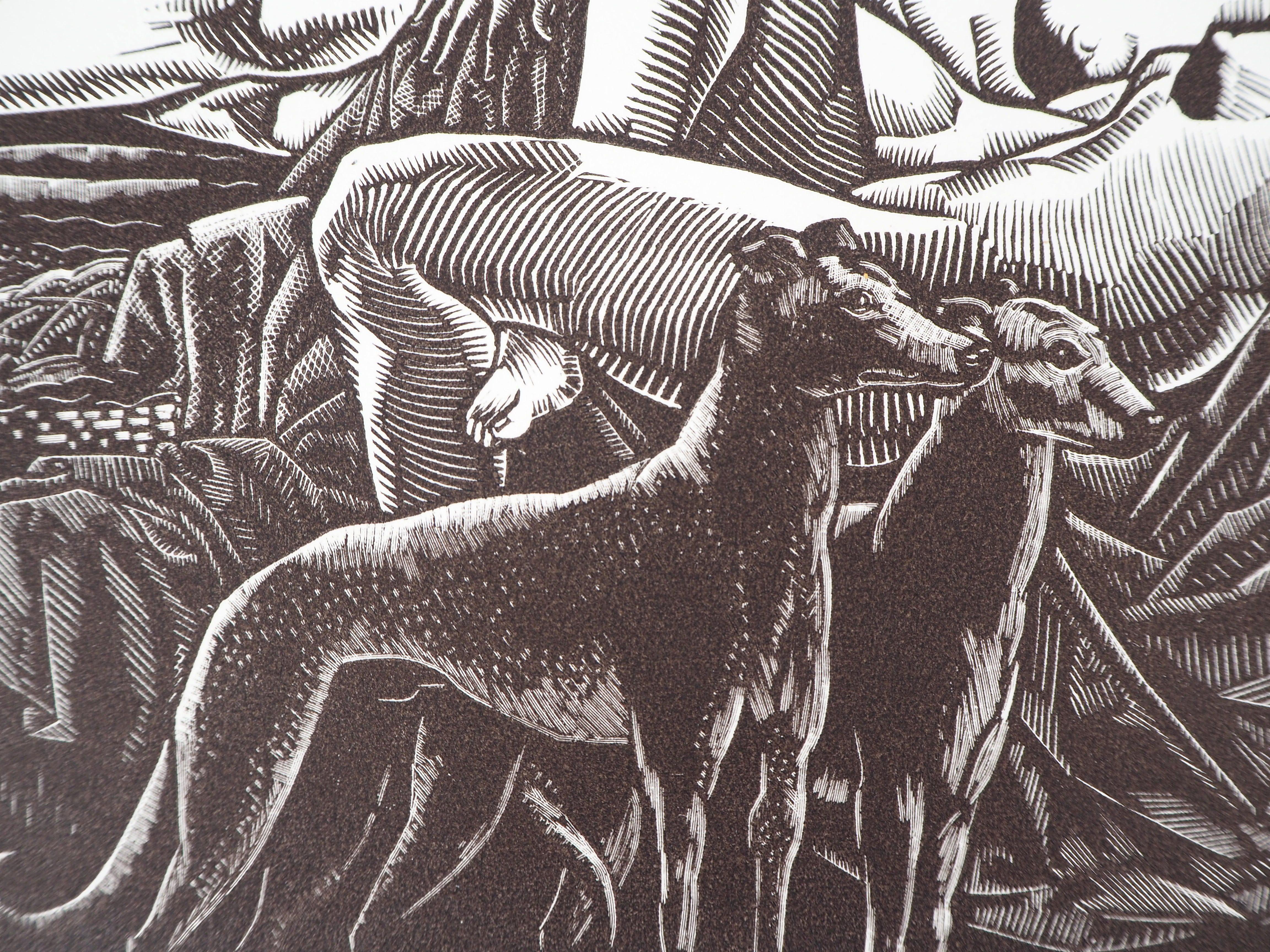Henri Clement-Serveau
Repos, deux nus avec des lévriers, 1929

Gravure sur bois originale
Signé à la main au crayon
Numéroté /160
Sur vélin de Perrigot 32.5 x 25.5 cm (c. 13 x 10 in)
Porte le cachet aveugle de l'éditeur 'Imagier de la Gravure sur