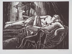 Rest, Two Nudes with Greyhounds - Original wooodcut, Handsigned & Numbered