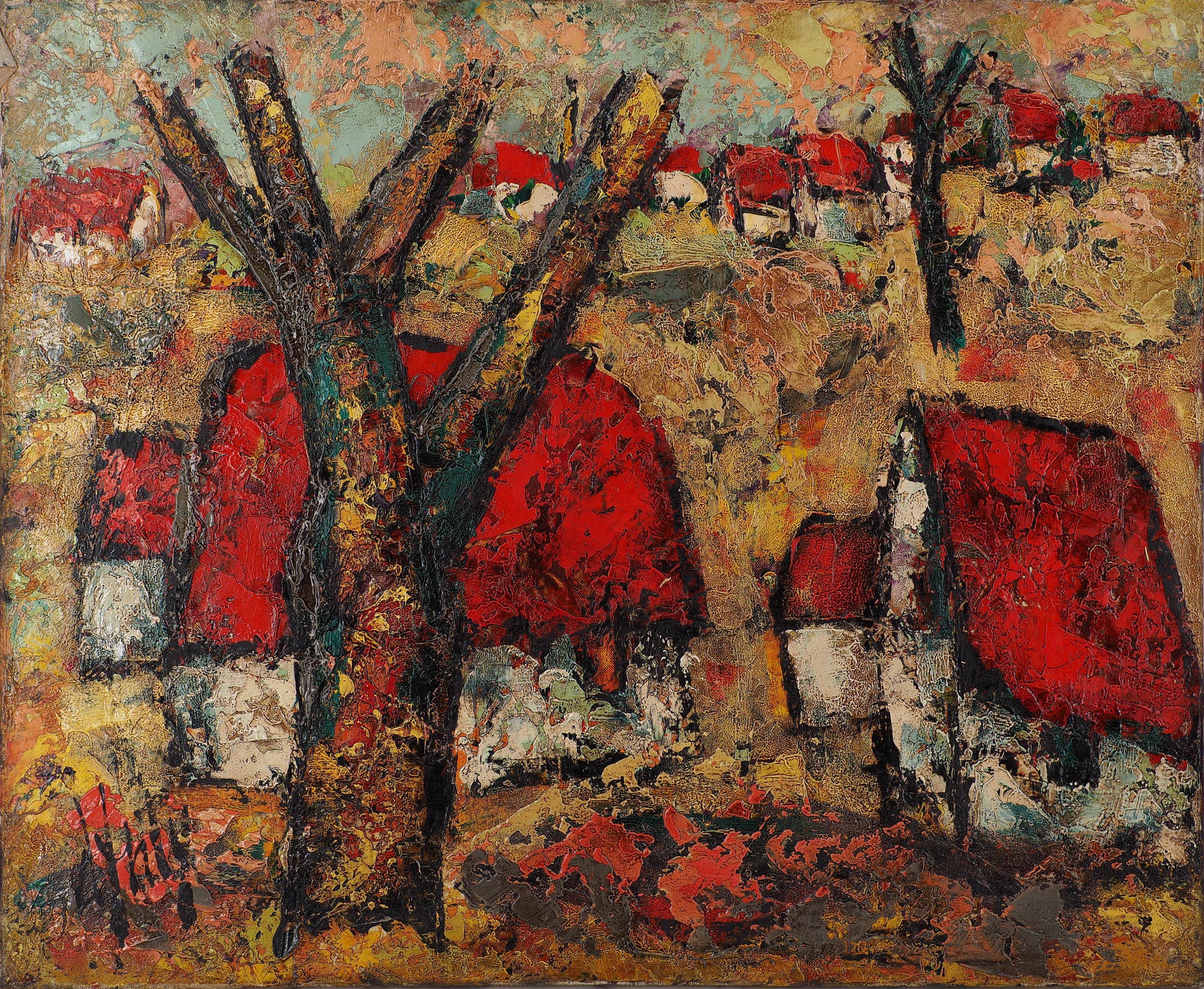 Bretagne : Les coqs rouges - Huile sur toile originale, signée à la main - Moderne Painting par Henri d'Anty