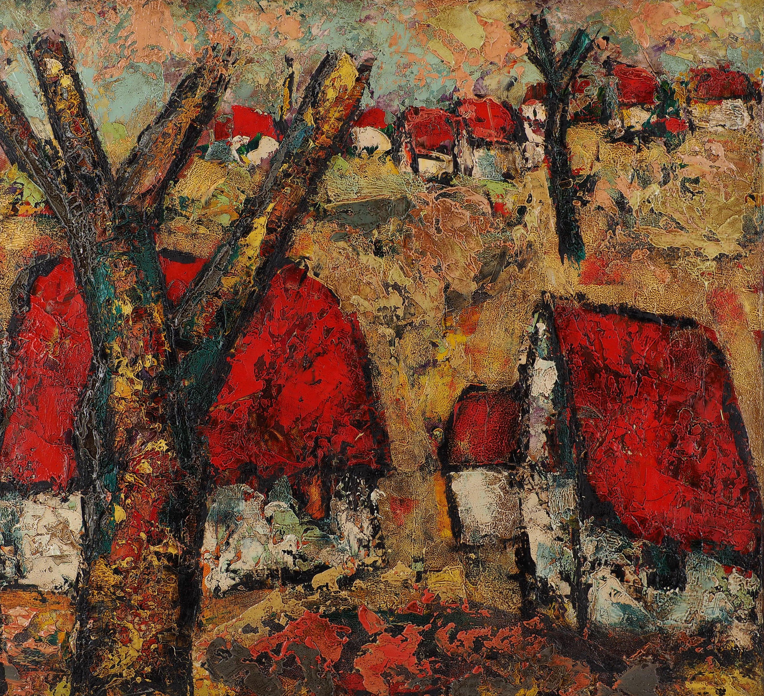 Bretagne : Les coqs rouges - Huile sur toile originale, signée à la main - Marron Landscape Painting par Henri d'Anty