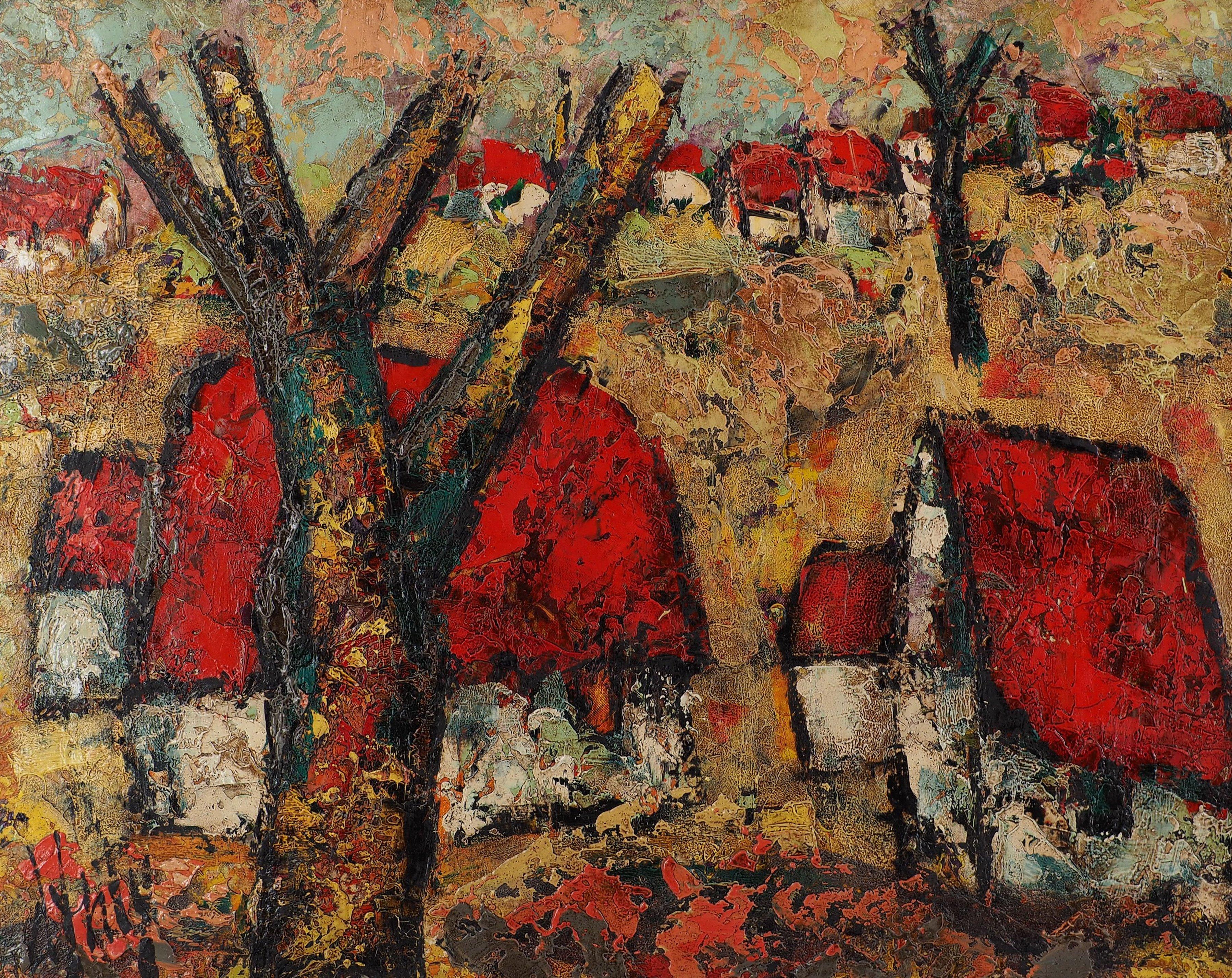 Landscape Painting Henri d'Anty - Bretagne : Les coqs rouges - Huile sur toile originale, signée à la main