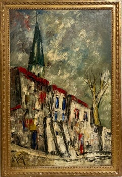 Peinture à l'huile abstraite représentant un paysage urbain, par Henri D'anty, moderniste français, École de Paris