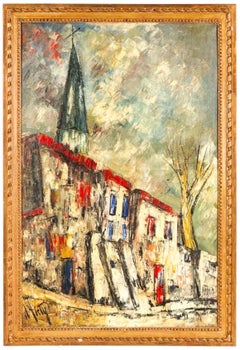 Peinture à l'huile abstraite représentant un paysage urbain, par Henri D'anty, moderniste français, École de Paris