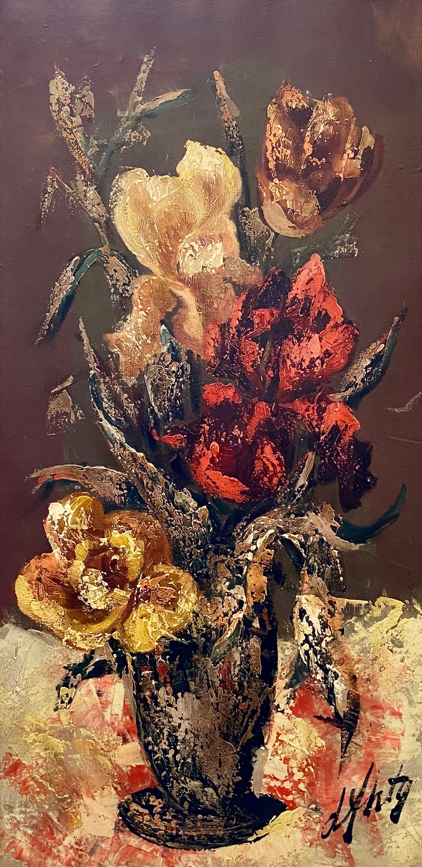 French Modernist Large Floral Oil Painting Expressionist Flowers in Vase - Brown Landscape Painting by Henri d'Anty