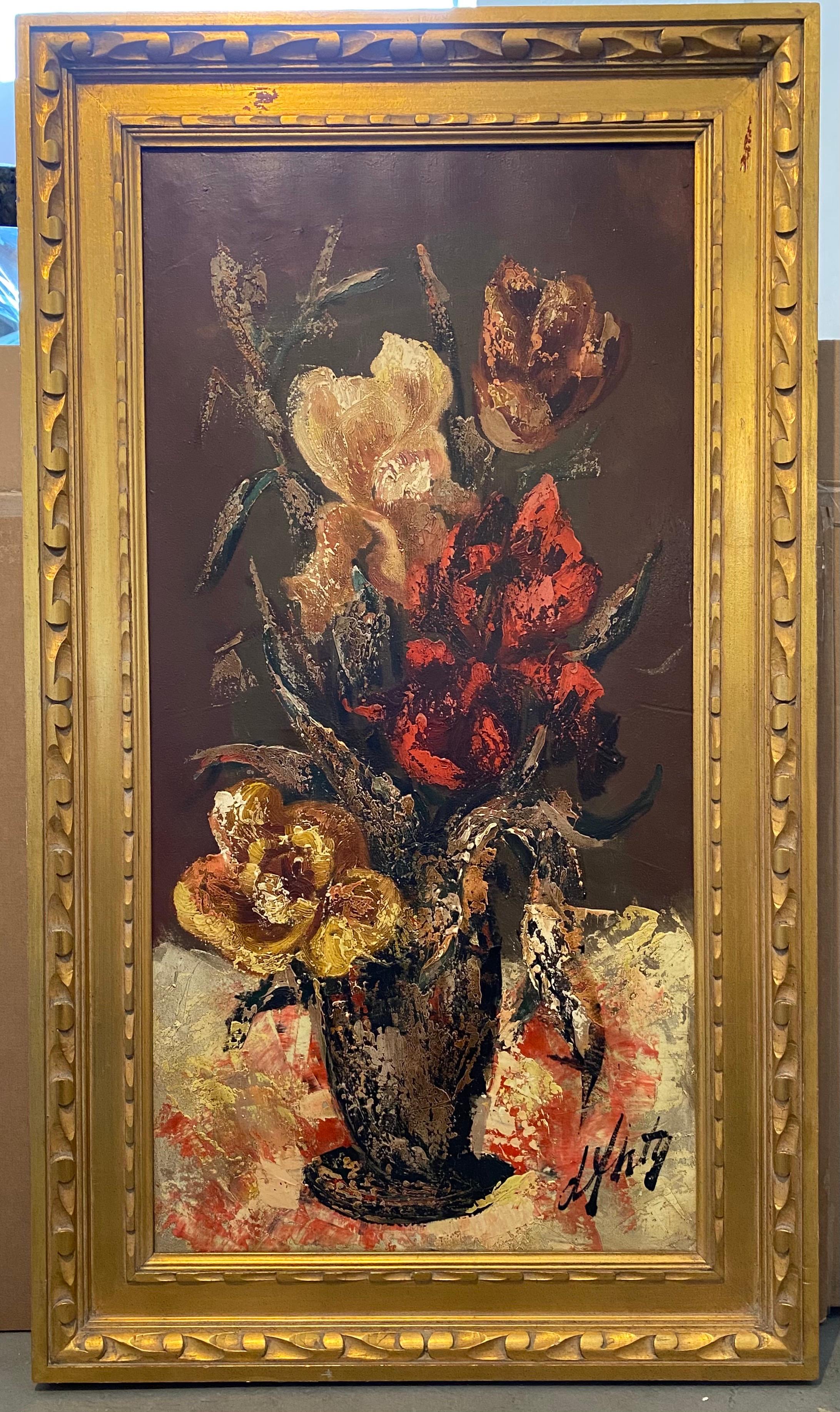 French Modernist Large Floral Oil Painting Expressionist Flowers in Vase For Sale 1