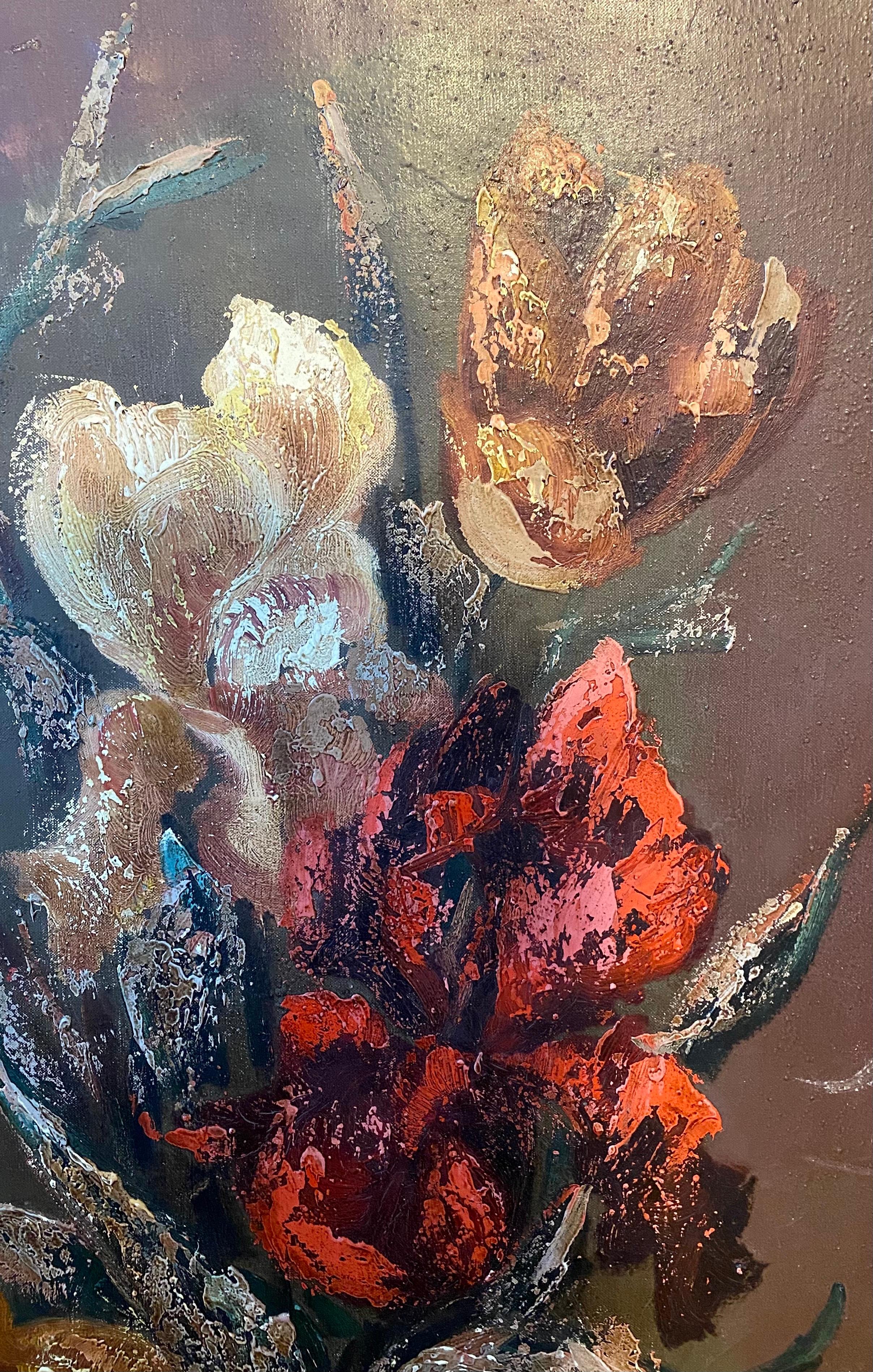 French Modernist Large Floral Oil Painting Expressionist Flowers in Vase For Sale 3