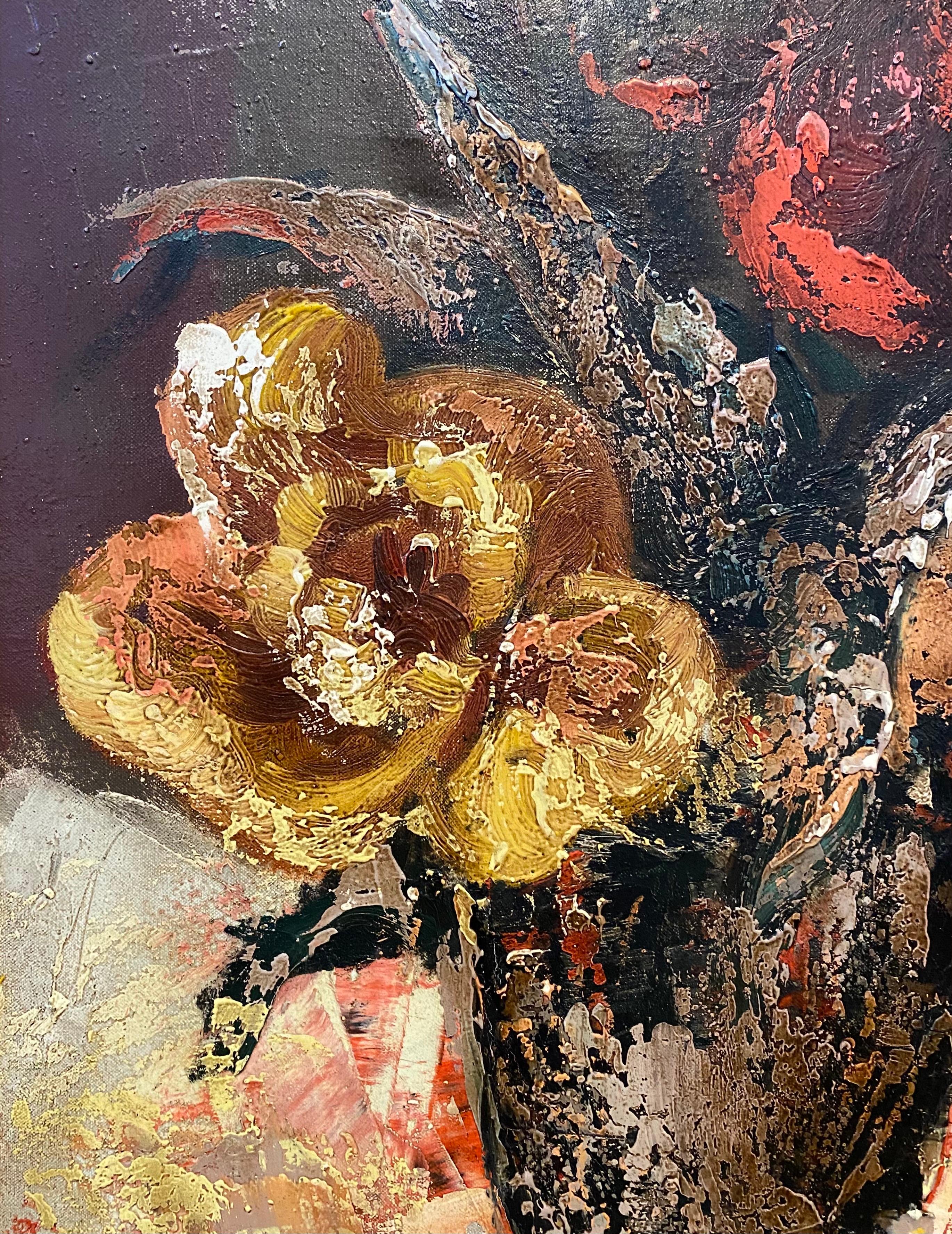 French Modernist Large Floral Oil Painting Expressionist Flowers in Vase For Sale 4