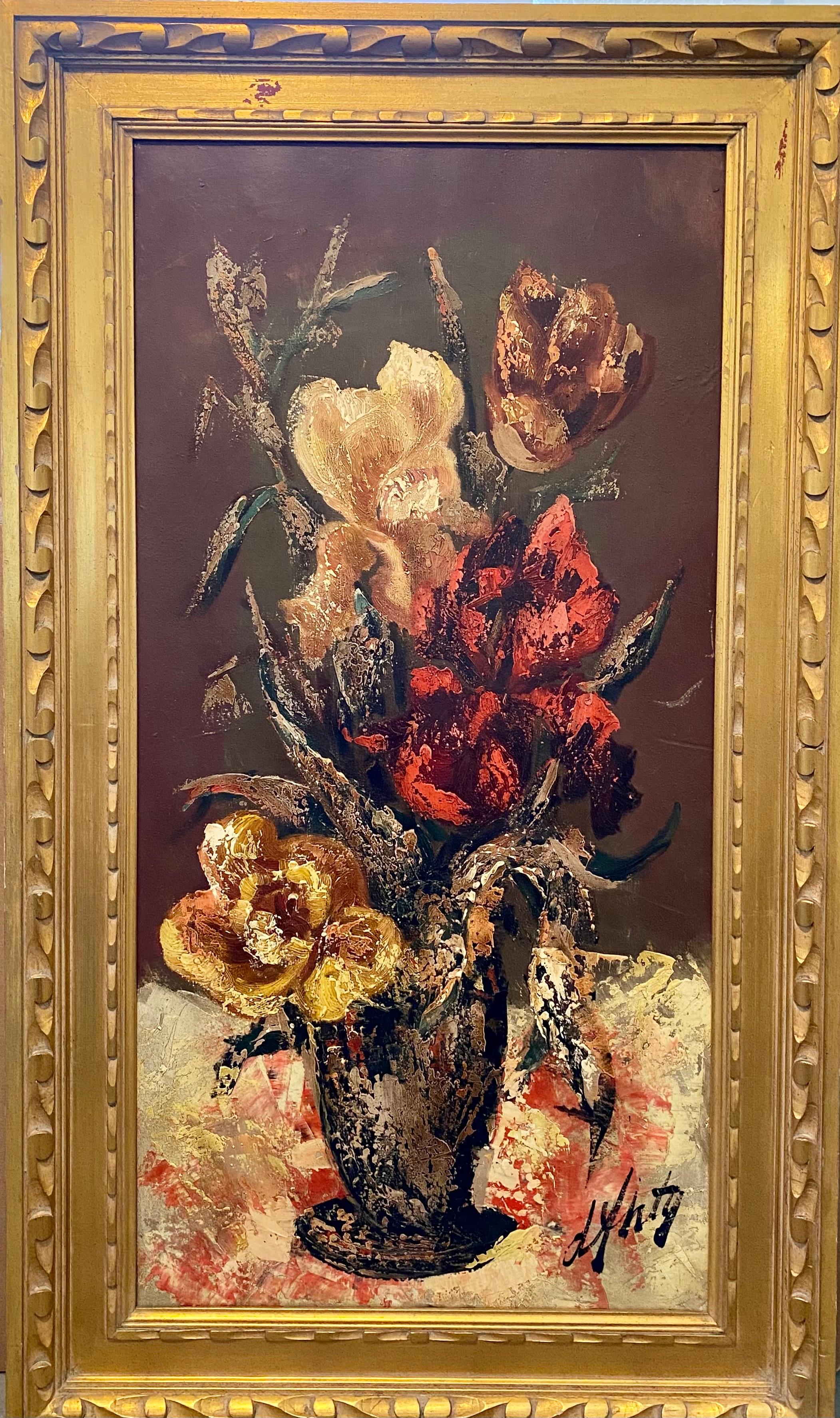 Henri d'Anty Landscape Painting - French Modernist Large Floral Oil Painting Expressionist Flowers in Vase