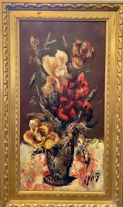 Grande peinture à l'huile moderniste française Fleurs expressionnistes dans un vase