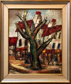 Grande peinture à l'huile moderniste française Ferme de village