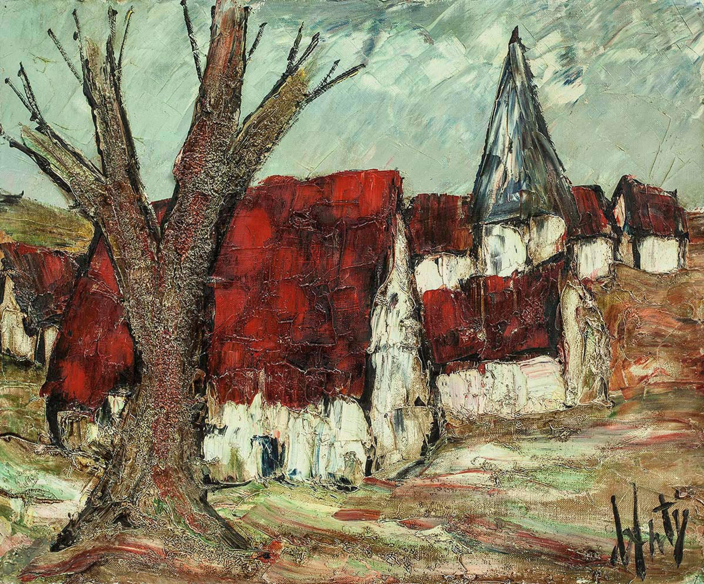Landscape Painting Henri d'Anty - Peinture à l'huile de paysage abstrait de village moderniste français du milieu du siècle dernier