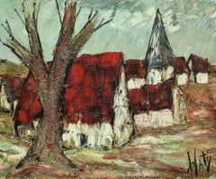 Vintage French Modernist Mid Century Abstract Village Landscape Oil Painting