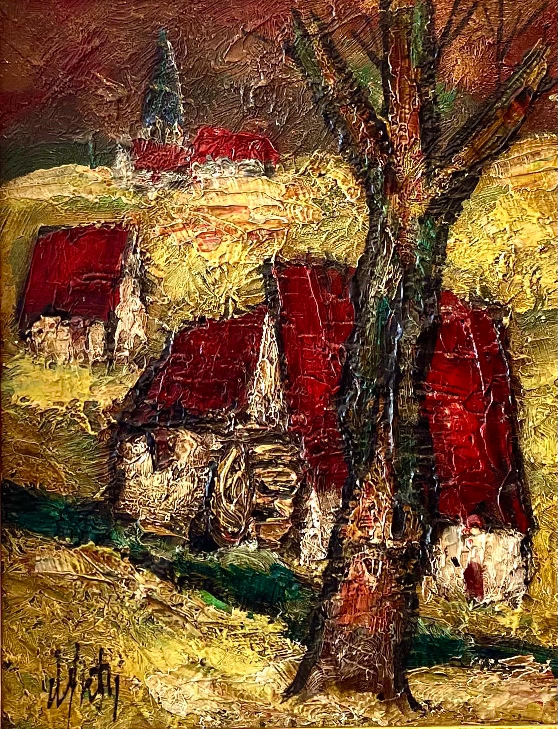 Peinture à l'huile expressionniste française Village Farm Landscape Ecole Paris - Painting de Henri d'Anty