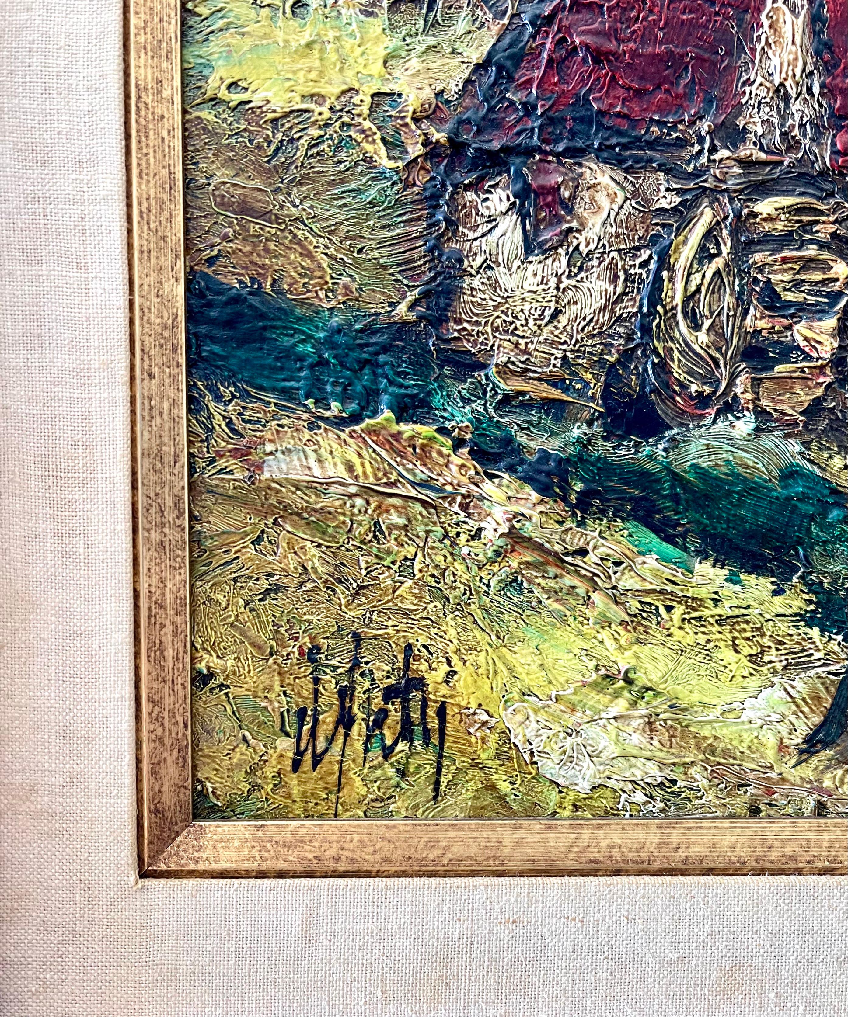 Peinture à l'huile expressionniste française Village Farm Landscape Ecole Paris - Expressionniste Painting par Henri d'Anty