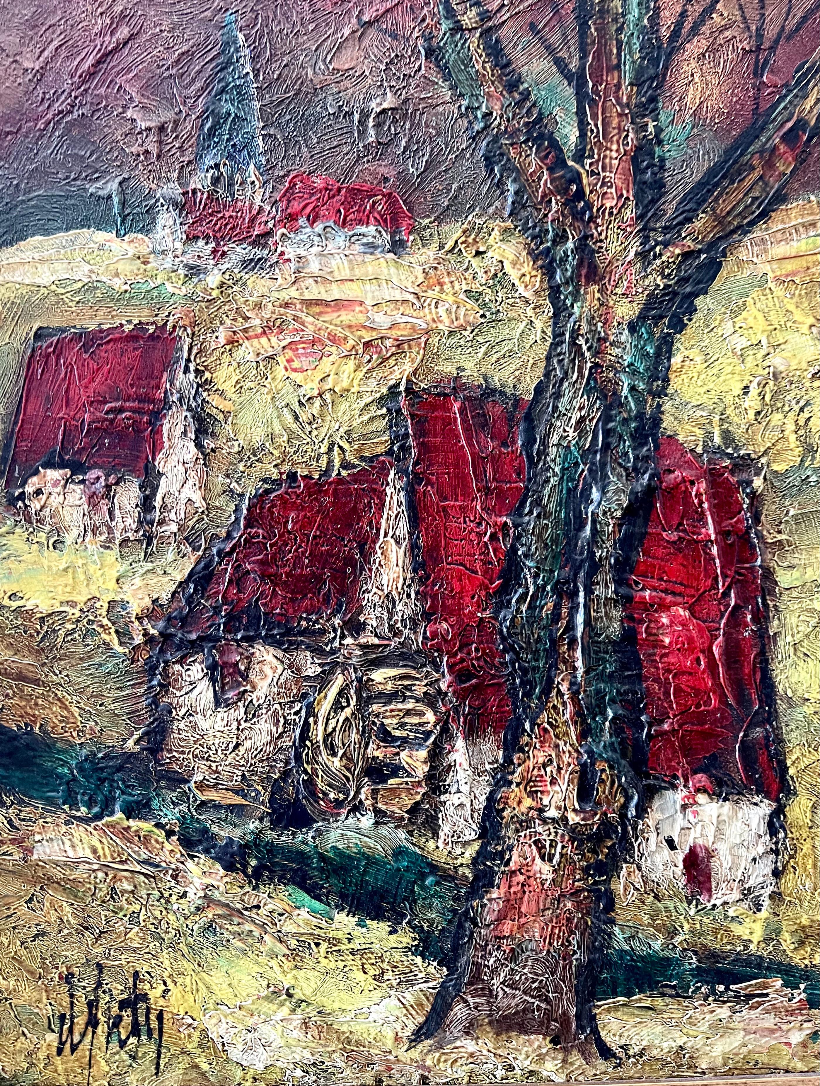 Peinture à l'huile expressionniste française Village Farm Landscape Ecole Paris - Marron Landscape Painting par Henri d'Anty