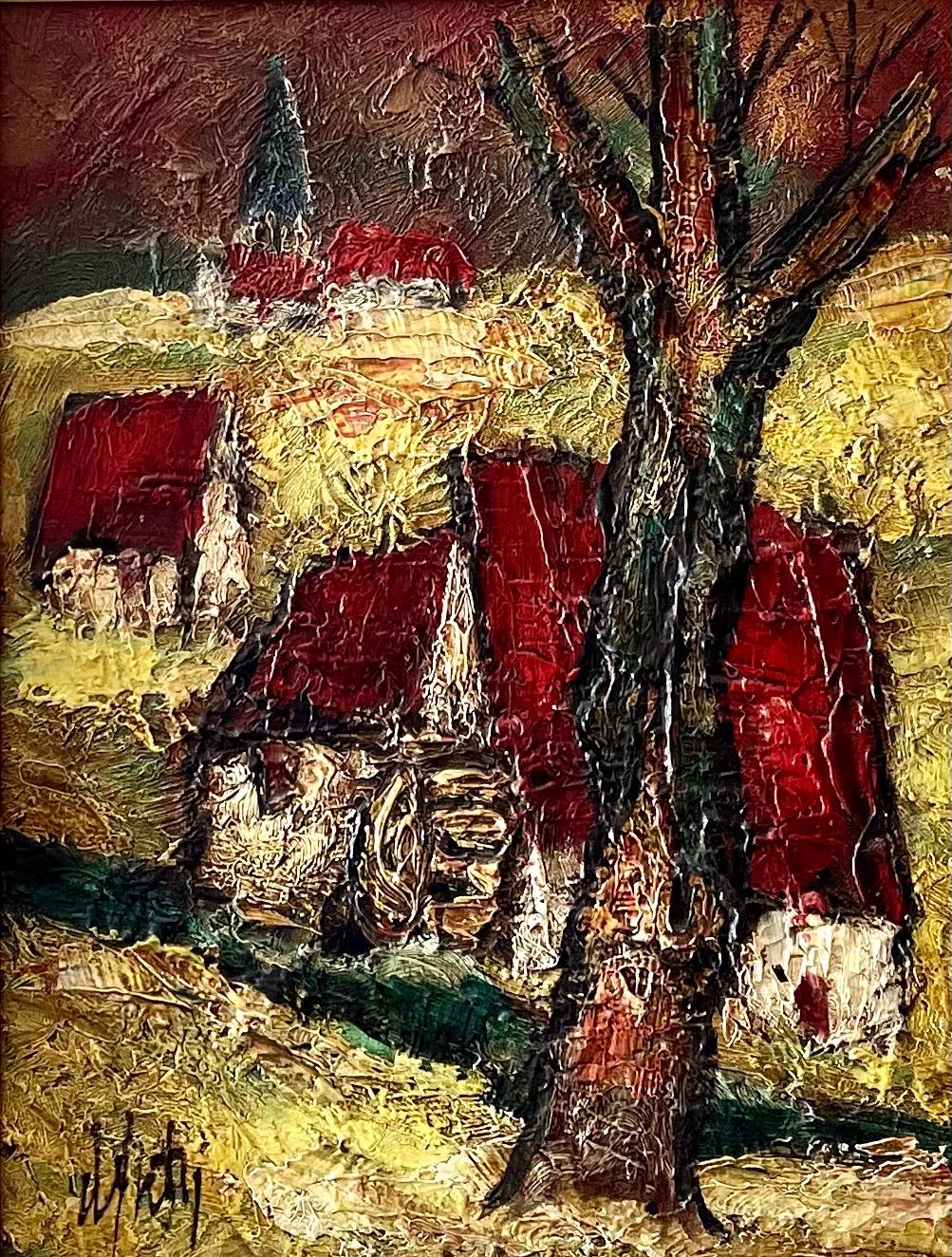 French Modernist Oil Painting Expressionist Village Farm Landscape Ecole Paris - Brown Landscape Painting by Henri d'Anty