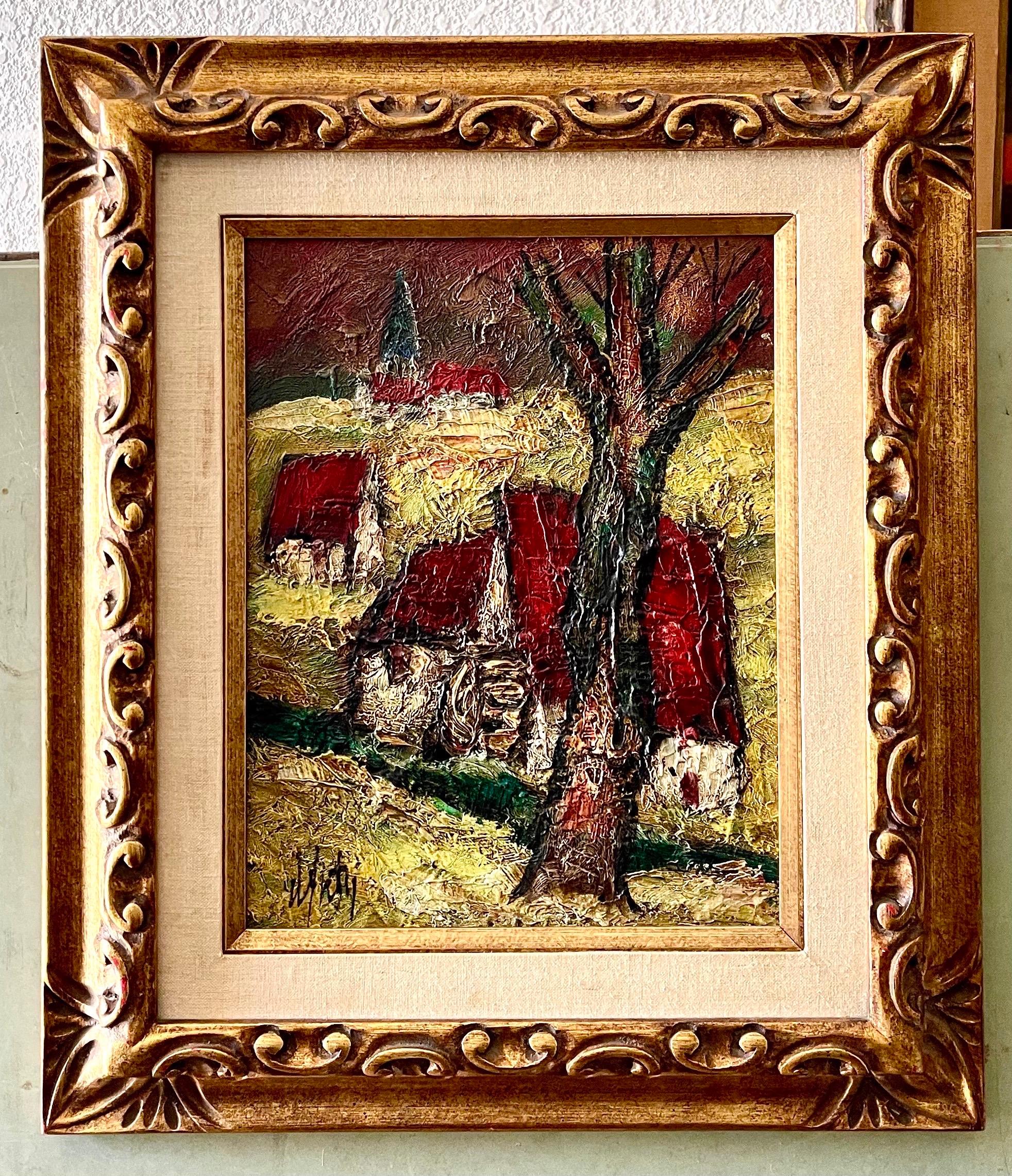 Peinture à l'huile expressionniste française Village Farm Landscape Ecole Paris en vente 1