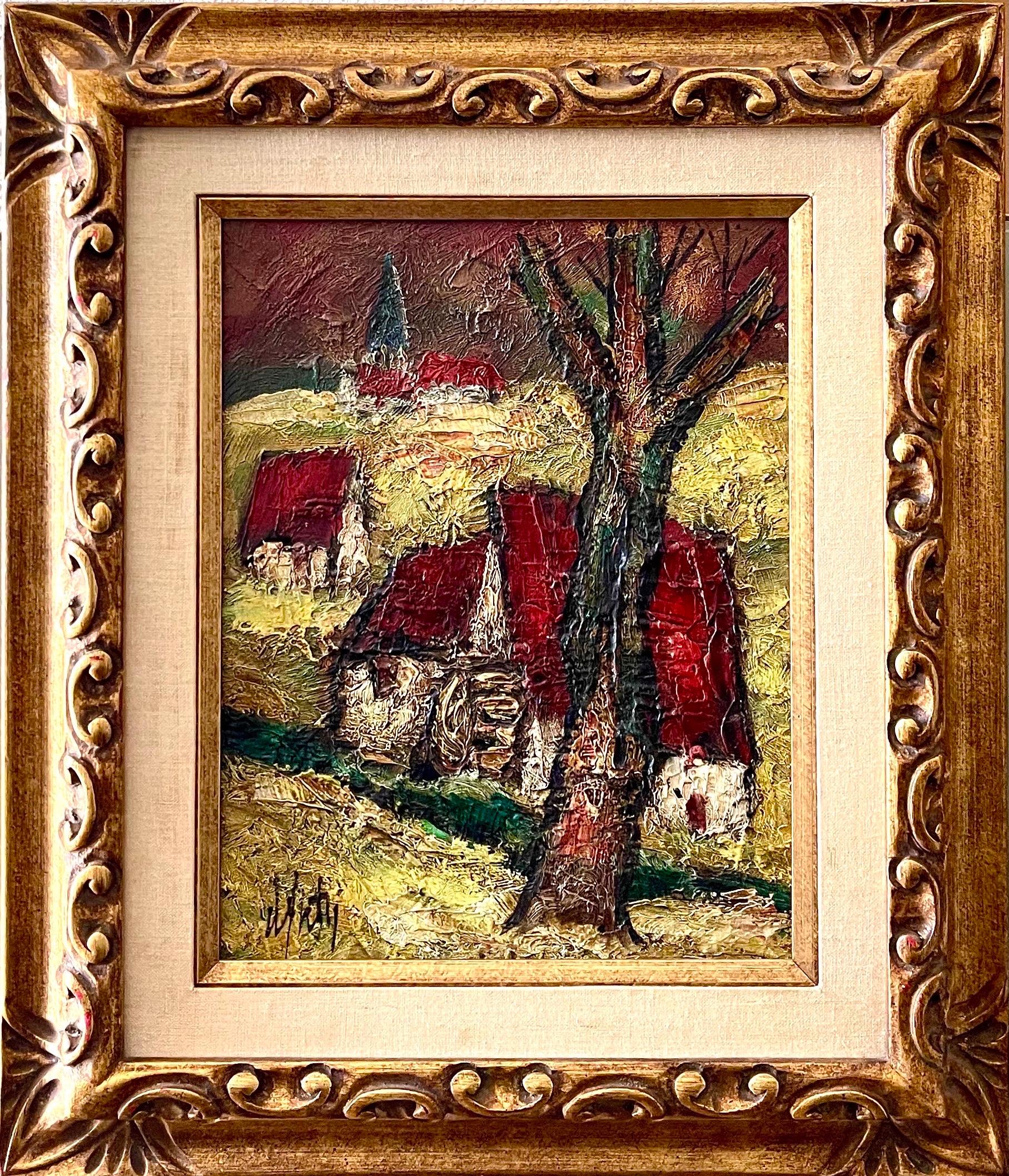 French Modernist Oil Painting Expressionist Village Farm Landscape Ecole Paris For Sale 1
