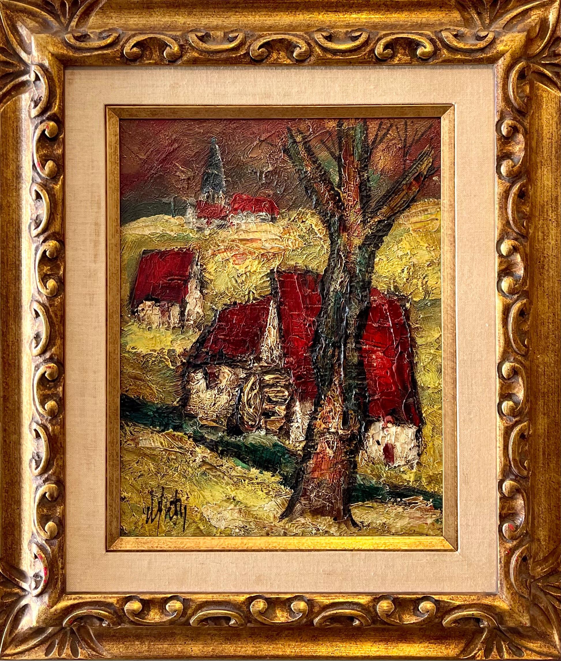 Landscape Painting Henri d'Anty - Peinture à l'huile expressionniste française Village Farm Landscape Ecole Paris