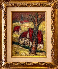 Pintura al Óleo Modernista Francesa Expresionista Paisaje de Granja de Pueblo Ecole Paris