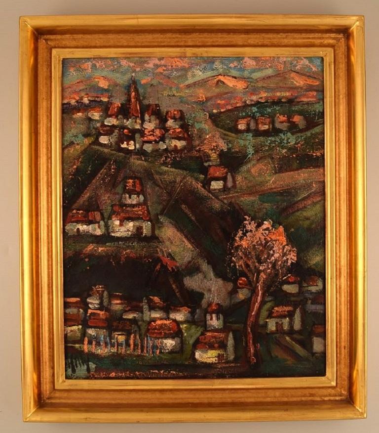 Henri D'Anty (1910-1998), France. Oil on board. 
Modernist landscape with houses and tree in the front. Mid-20th century.
The board measures: 54 x 44 cm.
The frame measures: 6 cm.
In excellent condition.
Signed.

A painter of the 