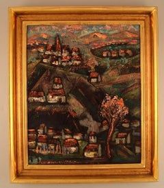 Henri D'Anty, France, Oil on Board, Modernist Landscape with Houses