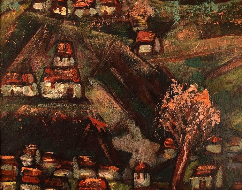 Henri D'Anty, France, Oil on Board, Modernist Landscape with Houses In Excellent Condition For Sale In Copenhagen, DK