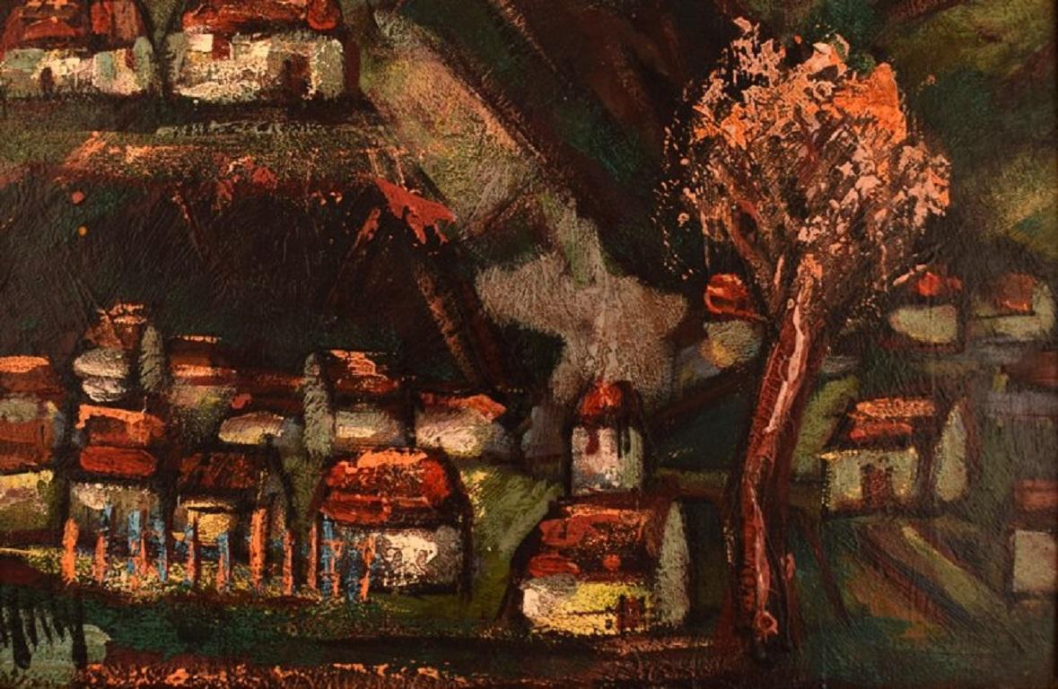 20th Century Henri D'Anty, France, Oil on Board, Modernist Landscape with Houses For Sale