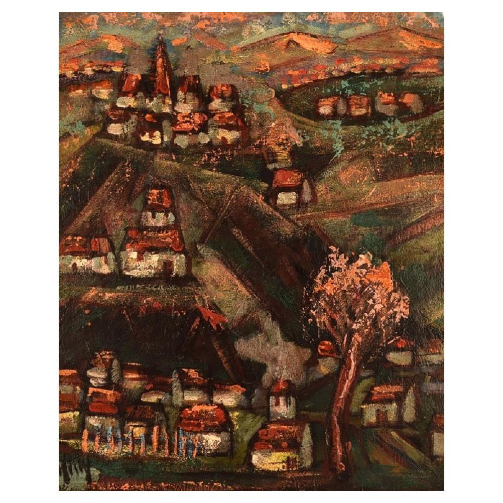 Henri D'Anty, France, huile sur panneau, paysage moderniste avec maisons