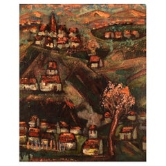 Henri D'Anty, France, huile sur panneau, paysage moderniste avec maisons