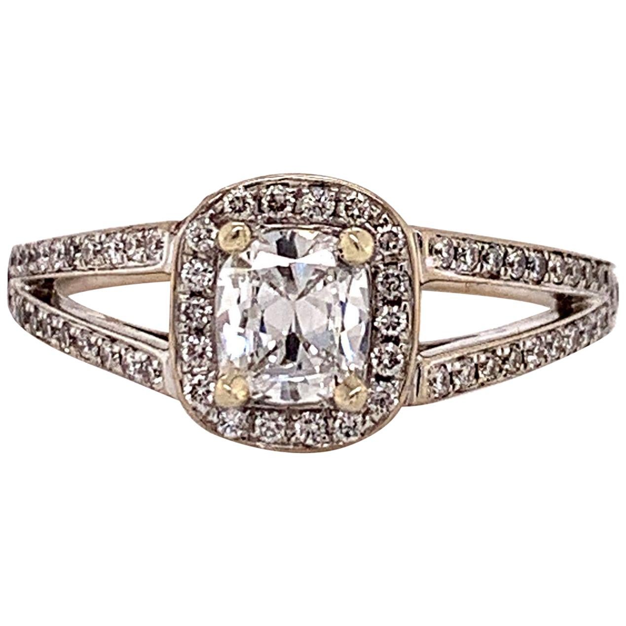 Henri Daussi 18 Karat White Gold Diamond Cushion Cut Engagement Ring