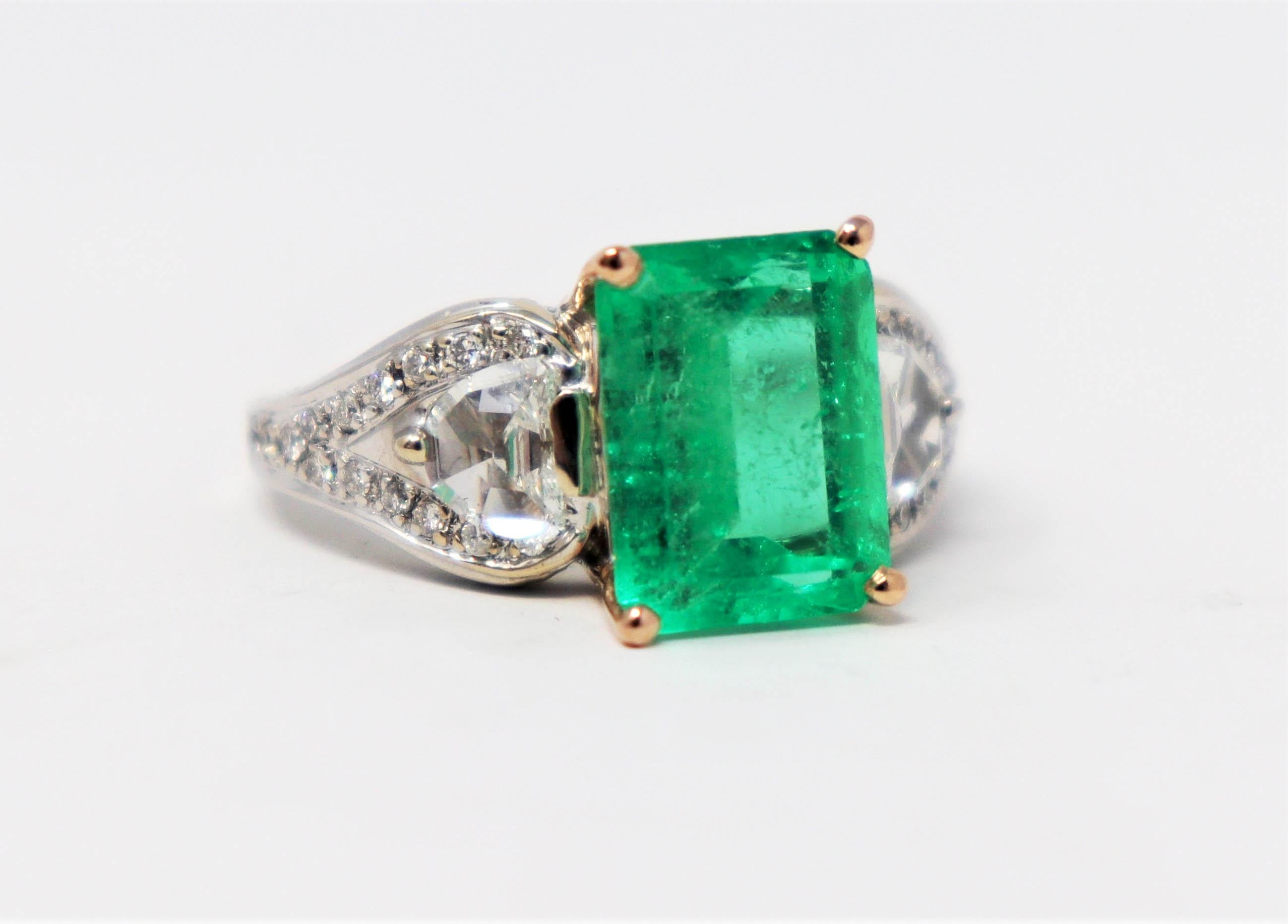 Contemporary Henri Daussi 4.04 Carats Total Emerald Cut Emerald and Diamond Three Stone Ring For Sale