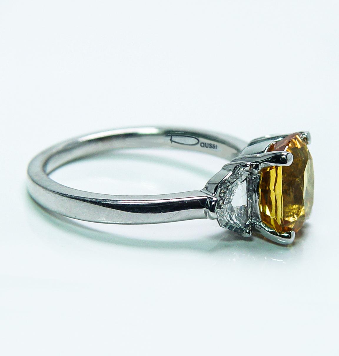 Henri Daussi 4.2ct Canary Yellow Cushion Sapphire Shield Diamond Ring 18K White For Sale 6
