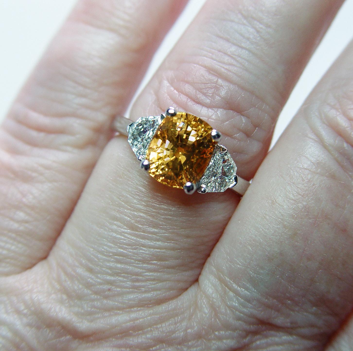 Henri Daussi 4.2ct Canary Yellow Cushion Sapphire Shield Diamond Ring 18K White For Sale 4