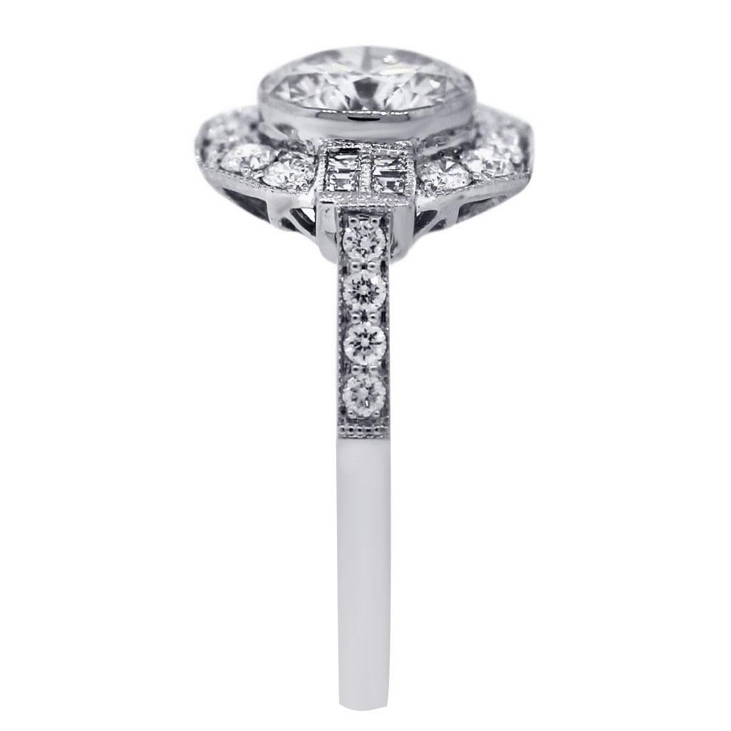 Platinum Art Deco Inspired Round Diamond Engagement Ring
The Platinum Art Deco Inspired Round Diamond Engagement Ring is a masterpiece of timeless elegance and sophistication. Crafted in luxurious platinum, this ring pays homage to the Art Deco era