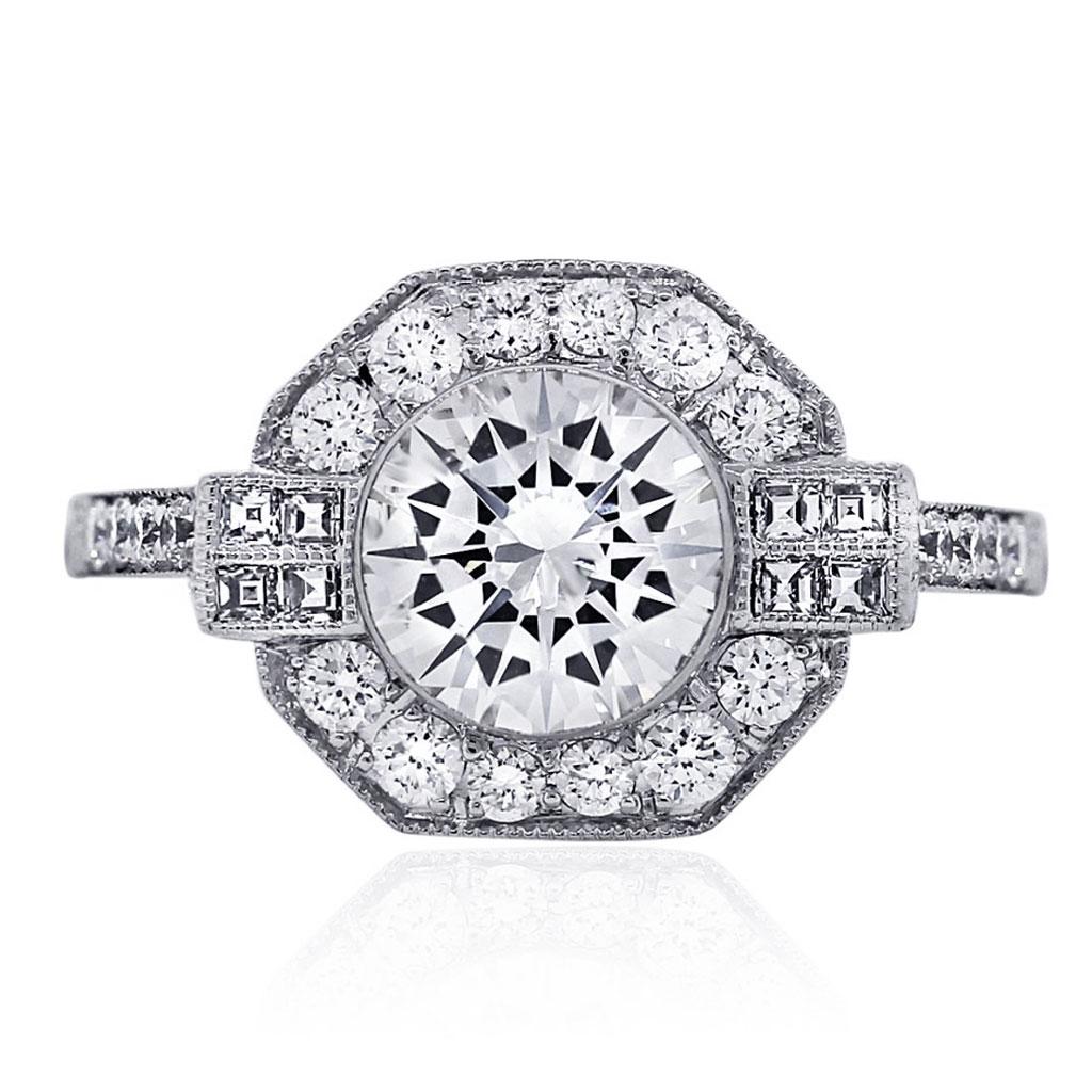 Platinum Art Deco Inspired Round Diamond Engagement Ring In Excellent Condition For Sale In Boca Raton, FL